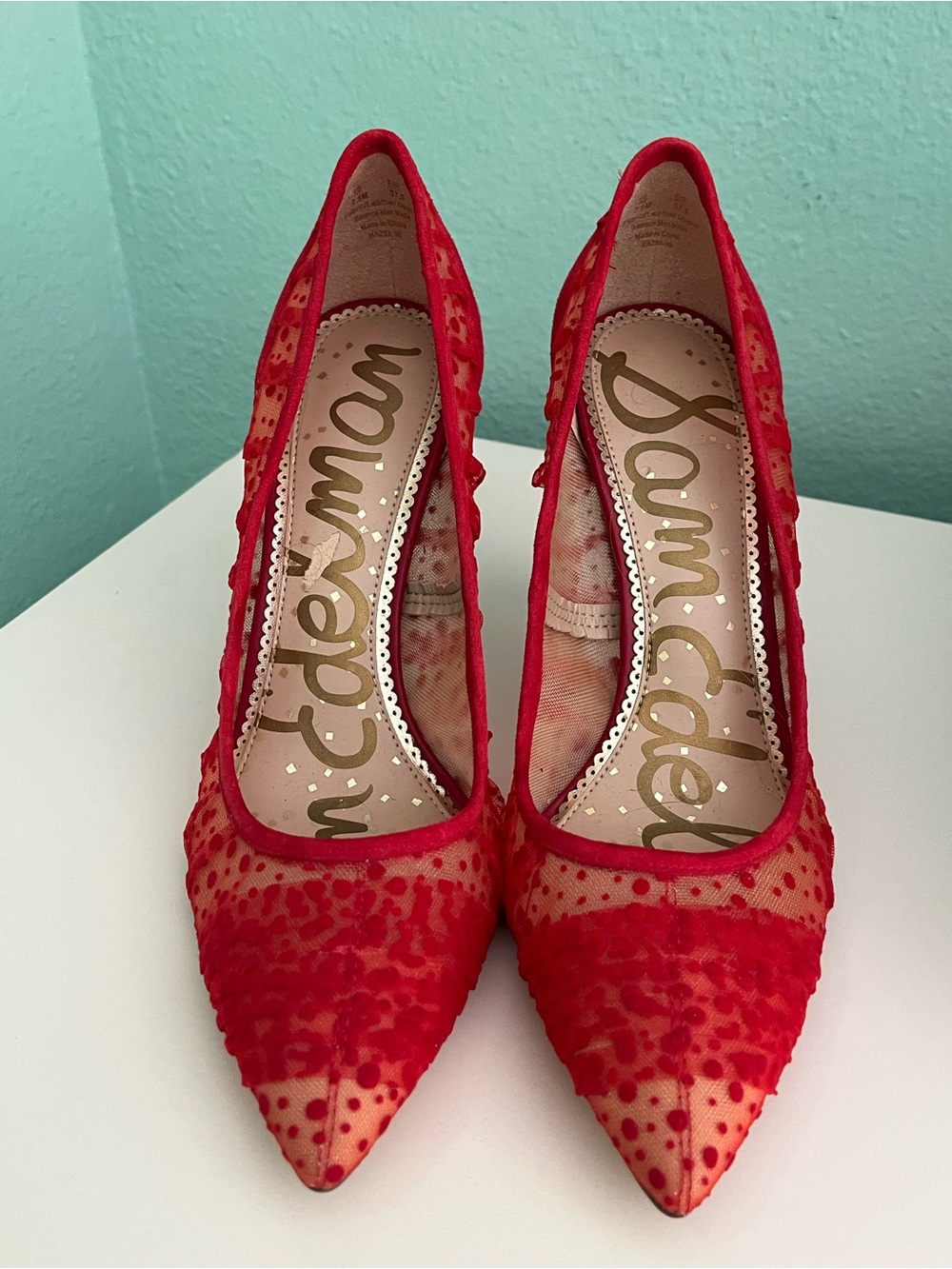 Sam Edelman Red Lace Pointed Toe Pumps